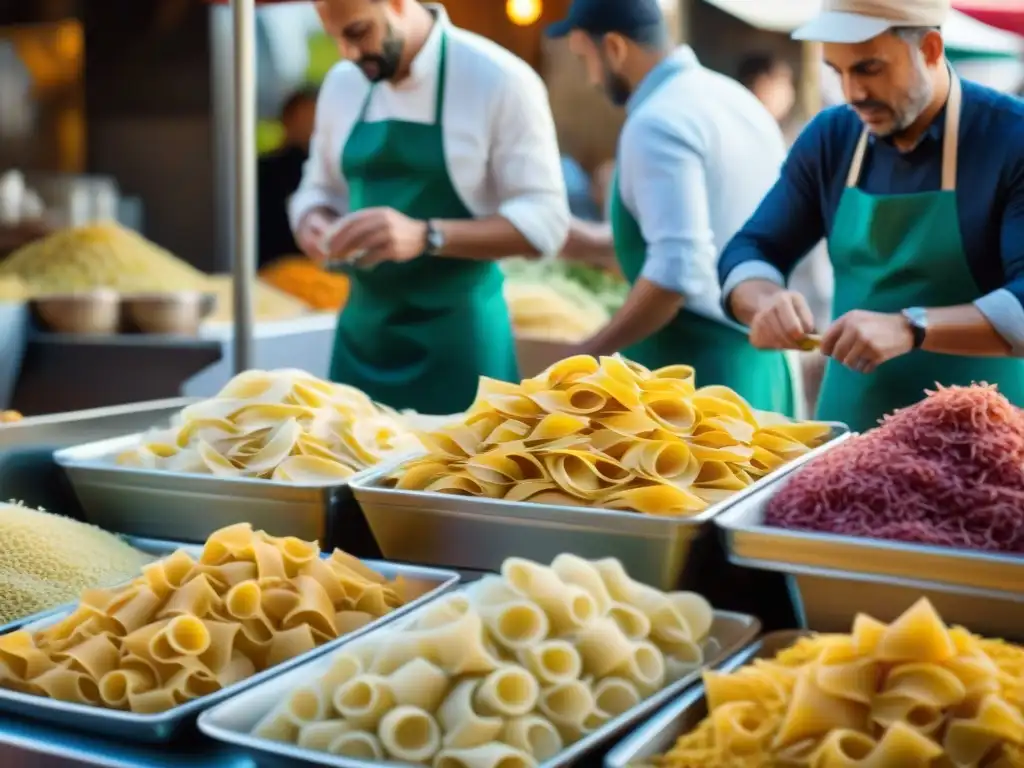 Un mercado italiano bullicioso con vendedores y clientes, mostrando platos de pasta más icónicos