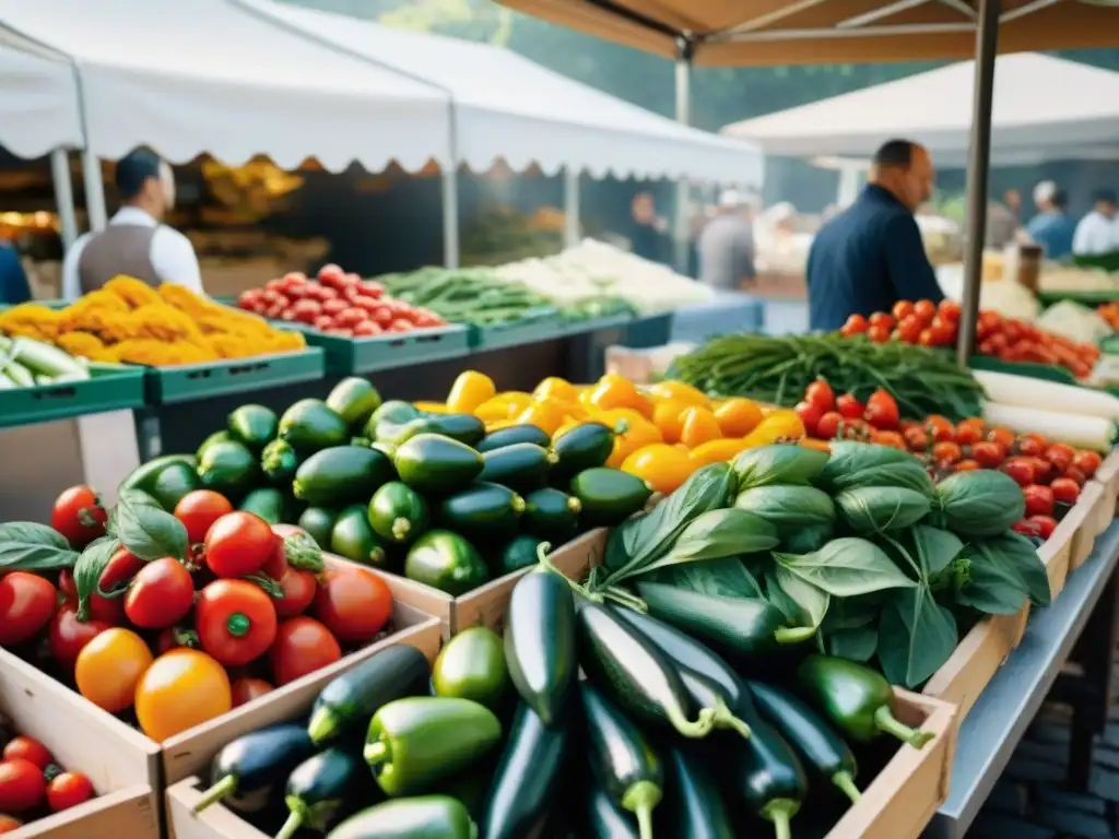 Un mercado italiano bullicioso con verduras frescas exhibidas y vendedores locales ofreciendo muestras de queso y aceitunas