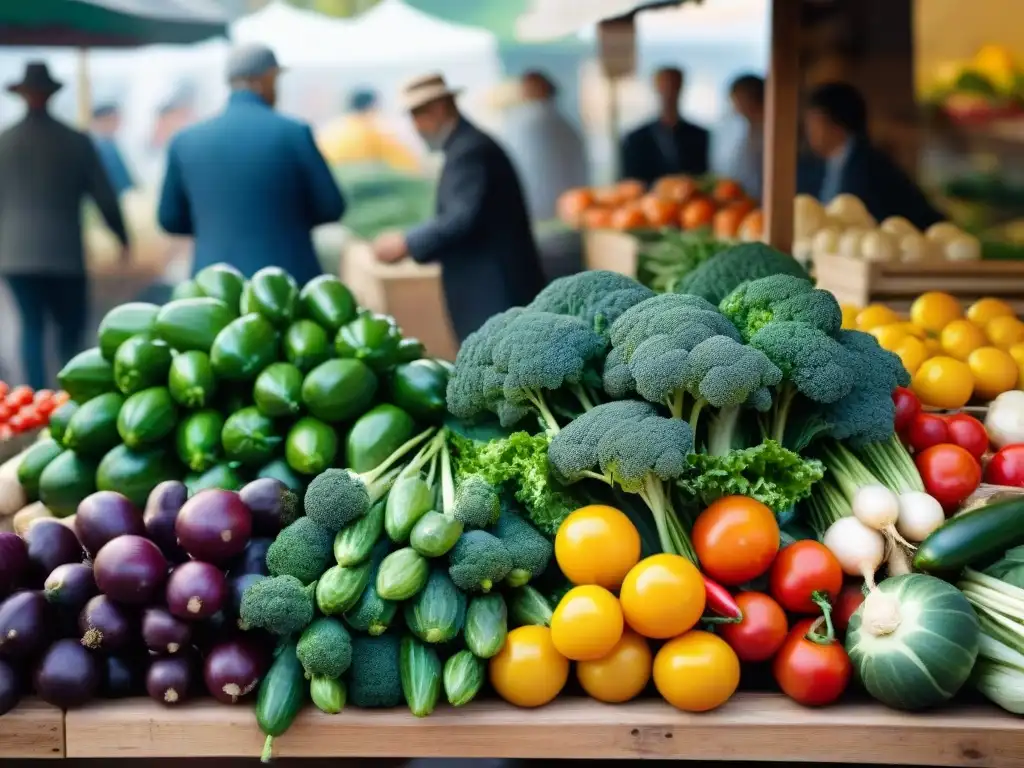 Mercado italiano bullicioso con verduras frescas y vibrantes en puestos de madera