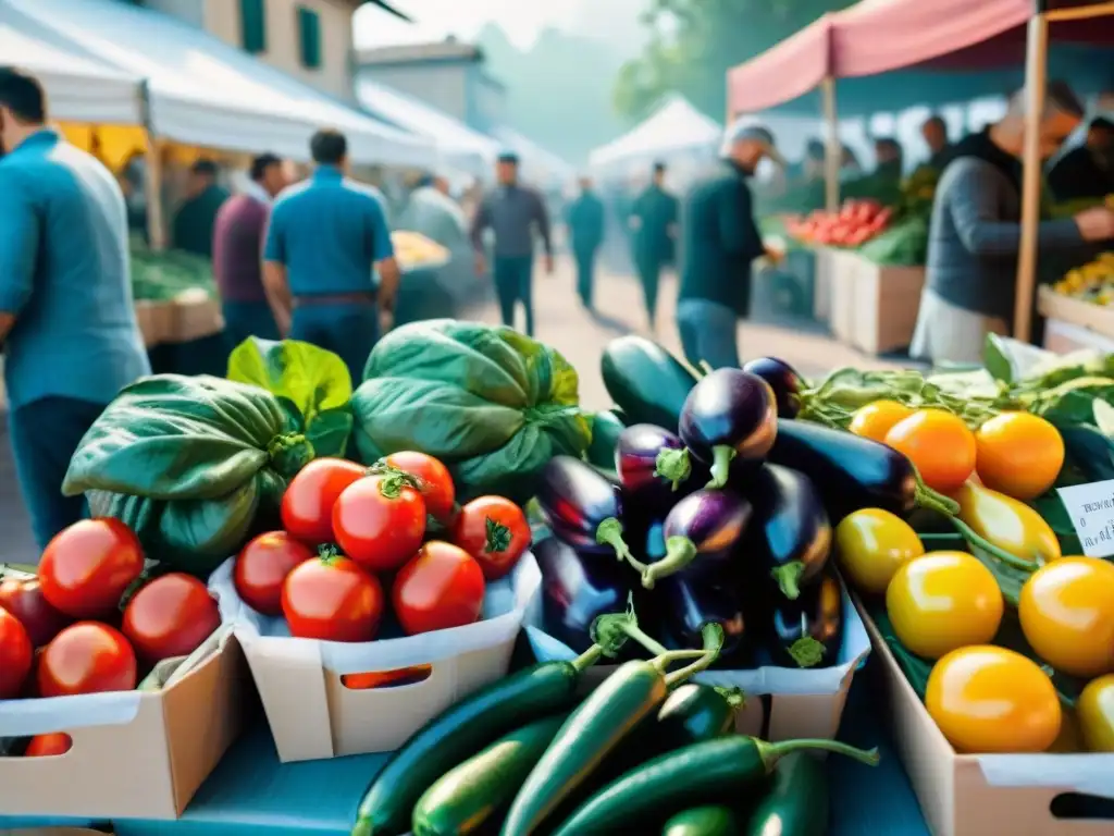 Un mercado italiano bullicioso con verduras frescas y coloridas para una alimentación consciente