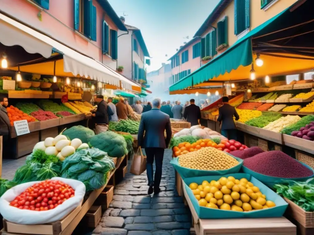 Un mercado italiano bullicioso y vibrante, con productos frescos, vendedores locales y un ambiente de fusión cultural en cocina italiana