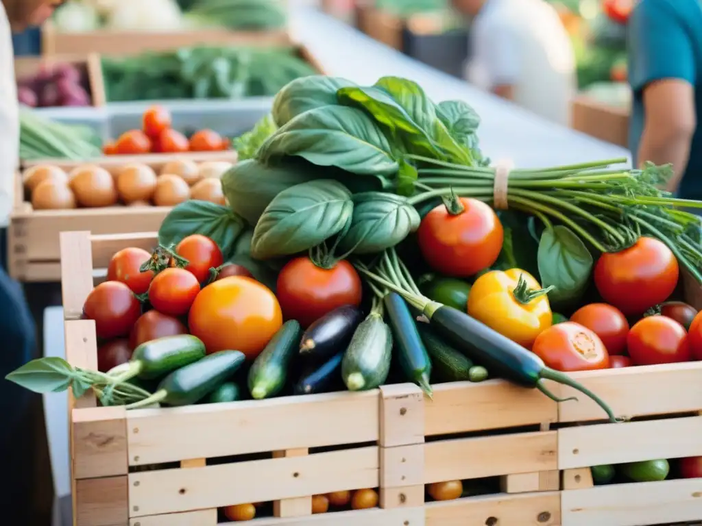 Un mercado italiano bullicioso y vibrante, con verduras frescas y coloridas bajo el sol mediterráneo, creando una atmósfera auténtica y animada