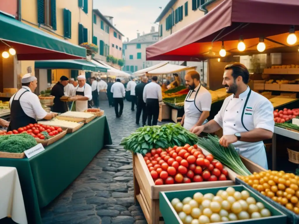 Mercado italiano con chefs tradicionales y modernos, reflejando tendencias cocina italiana redes sociales