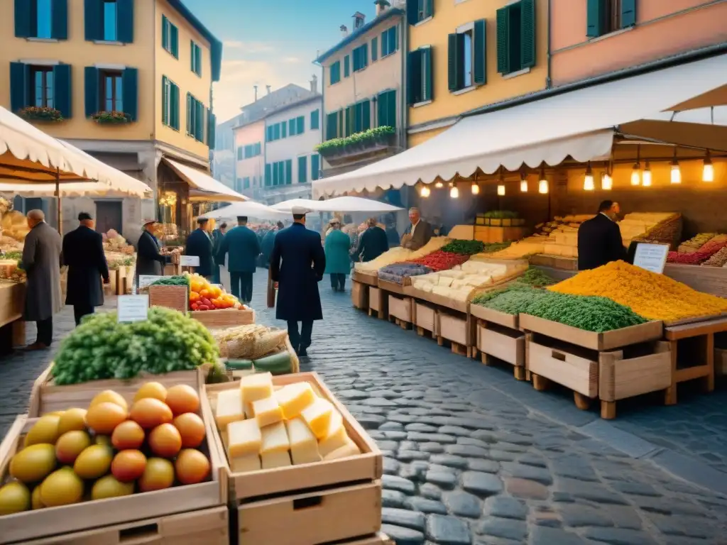 Mercado italiano en una histórica ciudad de Italia con platos tradicionales de la cocina italiana