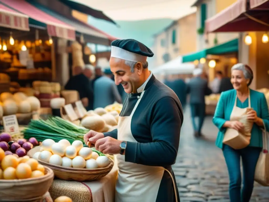 Mercado italiano lleno de colores con productos DOP e IGP Italianos en puestos, vendedores apasionados y clientes interesados