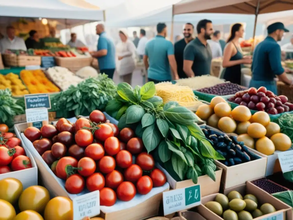 Mercado italiano lleno de colores y aromas, transmitiendo la alegría y los beneficios del estado de ánimo de la cocina italiana