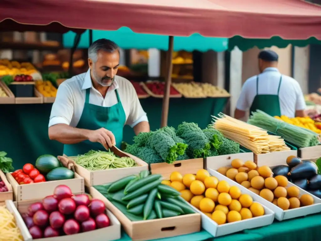 Mercado italiano lleno de coloridos ingredientes frescos y locales, reflejando la auténtica cultura culinaria