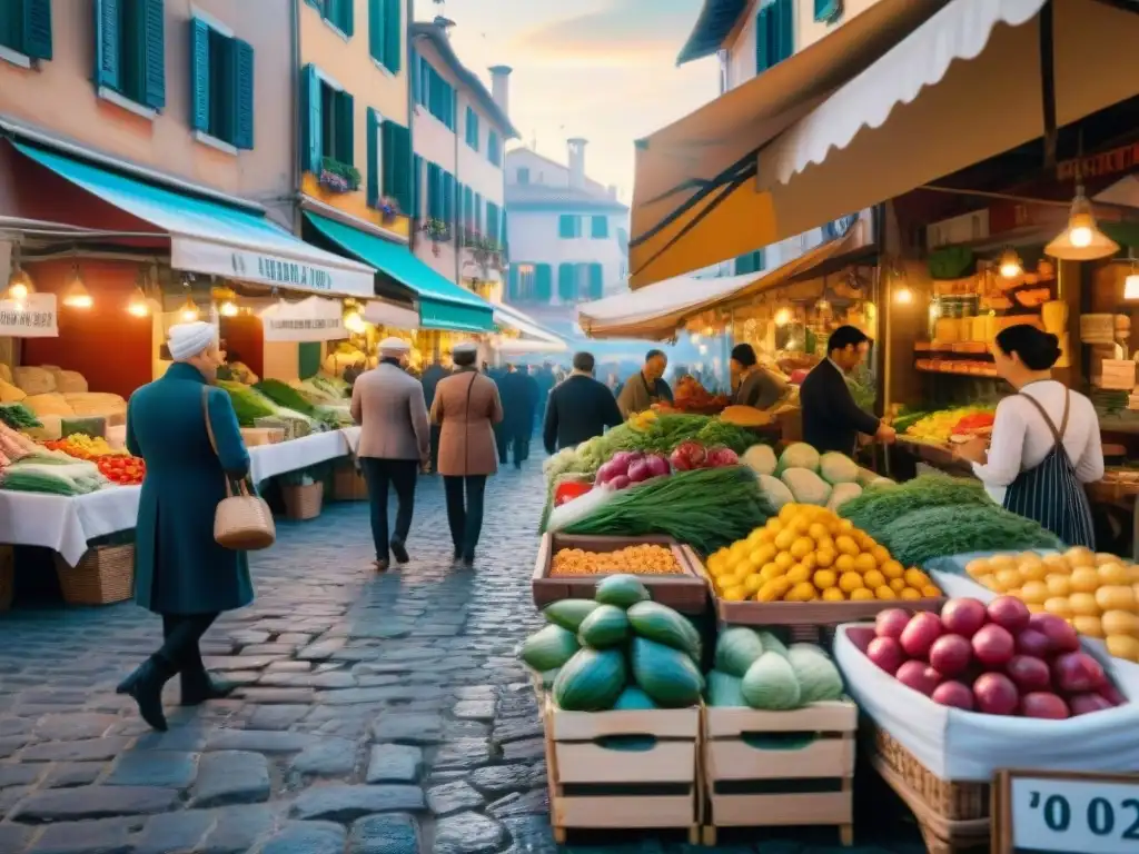 Mercado italiano lleno de vida con puestos de productos frescos y aromáticas hierbas