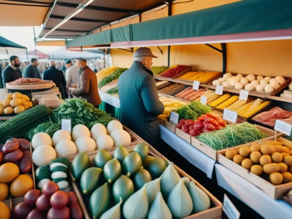 Un mercado italiano lleno de vida con productos frescos y coloridos