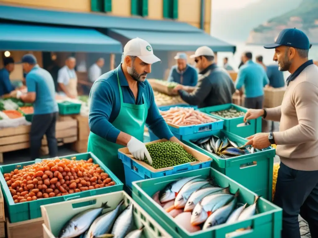 Un mercado italiano de pescados y mariscos sostenibles rebosante de color y vida bajo el cálido sol mediterráneo