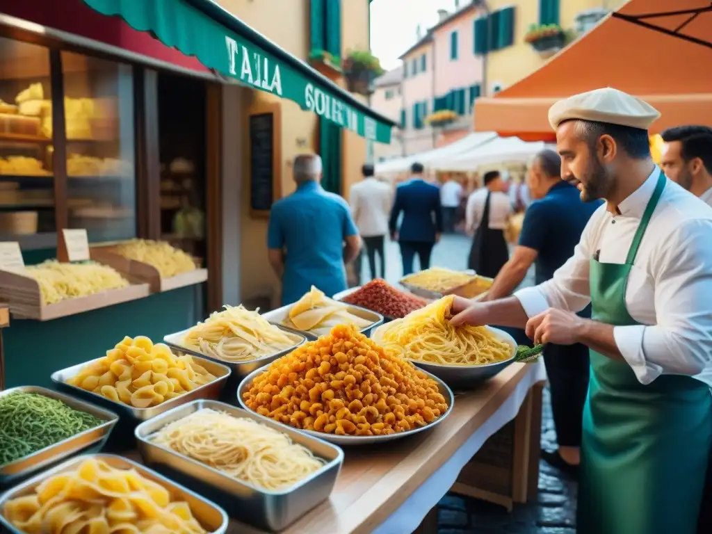 Explora el mercado italiano con platos de pasta más icónicos, colores vibrantes y aromas tentadores