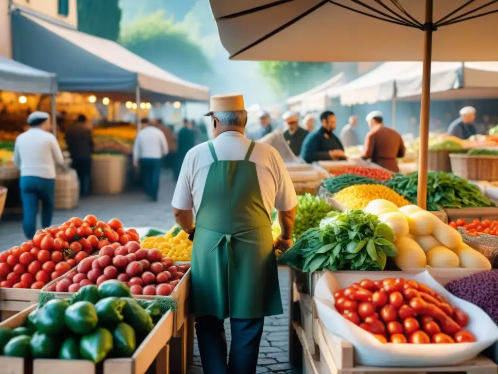 Mercado italiano con productos frescos y nonna haciendo pasta a mano