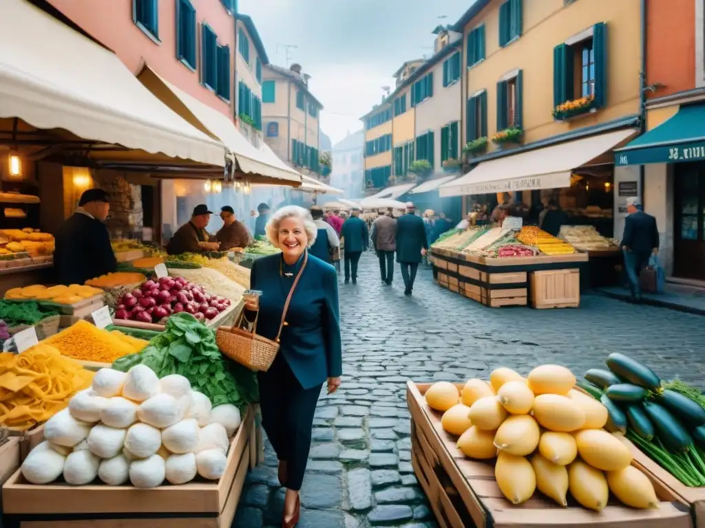 Mercado italiano con productos frescos y coloridos, quesos artesanales y pasta casera en calles empedradas históricas