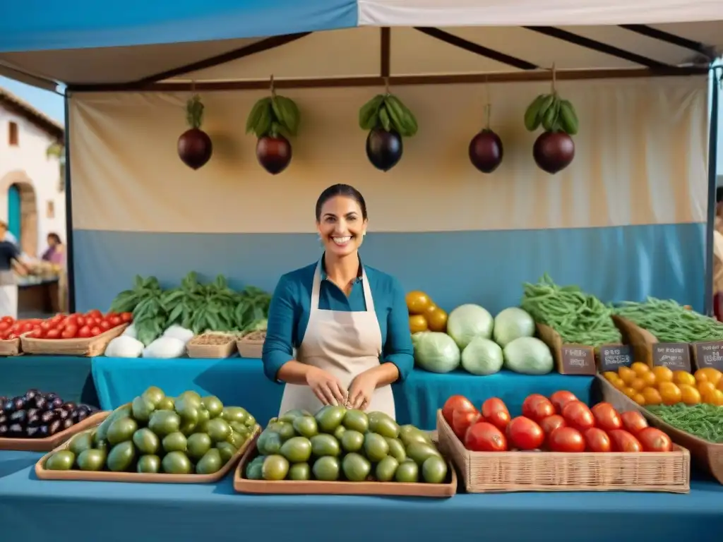 Mercado agrícola italiano con productos locales coloridos bajo un cielo azul