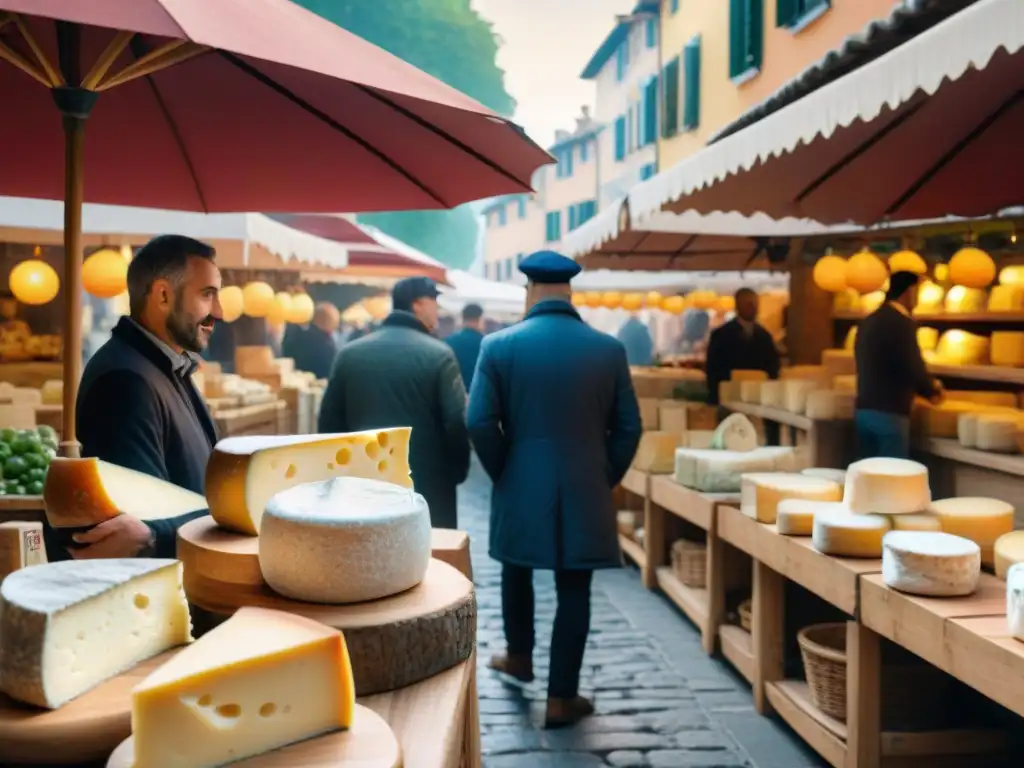 Mercado italiano con quesos artesanales bajo sombrillas coloridas