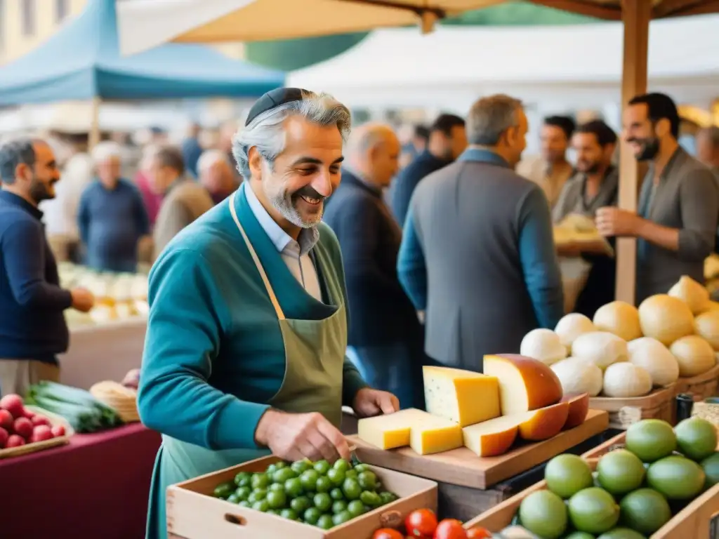 Un mercado italiano Slow Food rebosante de productos frescos y coloridos, donde la comunidad se une en torno a la comida sostenible