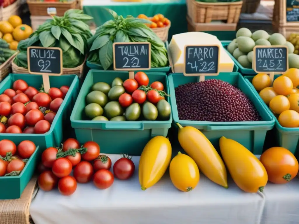 Un mercado italiano rebosante de superalimentos: tomates maduros, albahaca fresca, alcachofas, aceite de oliva, Parmigiano Reggiano