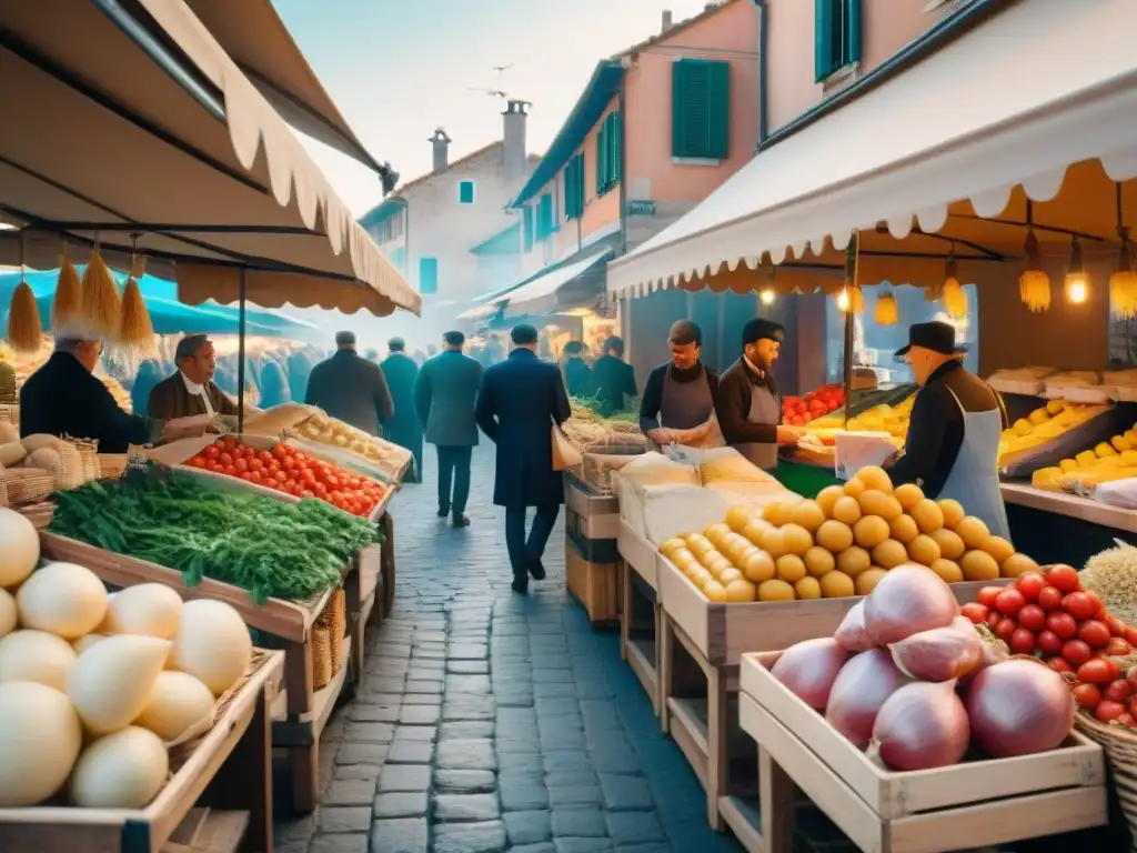 Un mercado italiano rebosante de vida con productos DOP e IGP de la cocina italiana