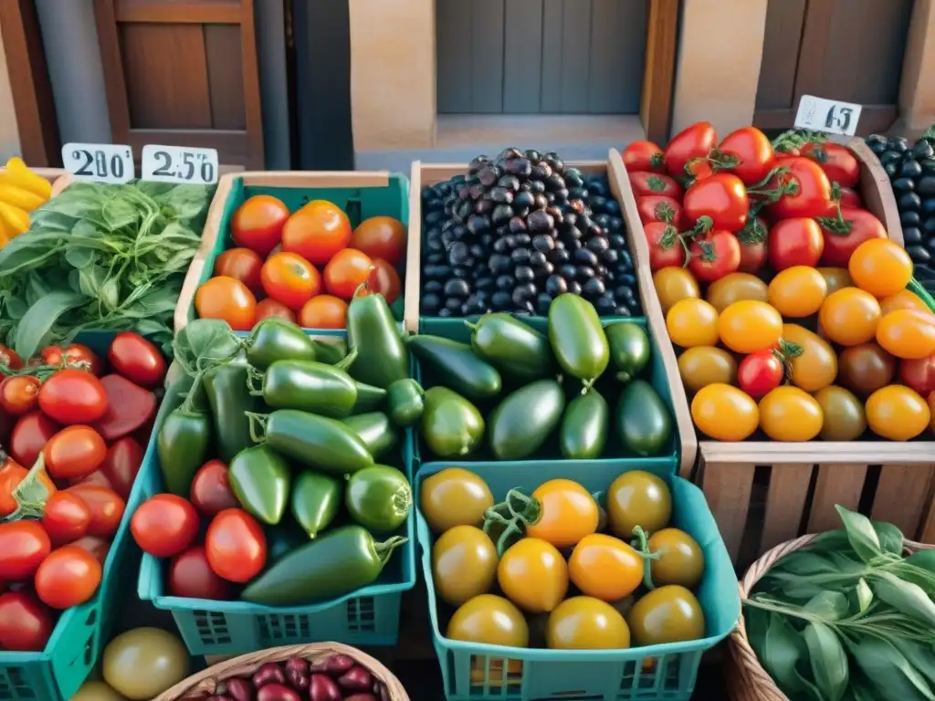 Un mercado italiano rebosante de vida y color, donde los productos frescos resplandecen bajo la cálido sol mediterráneo