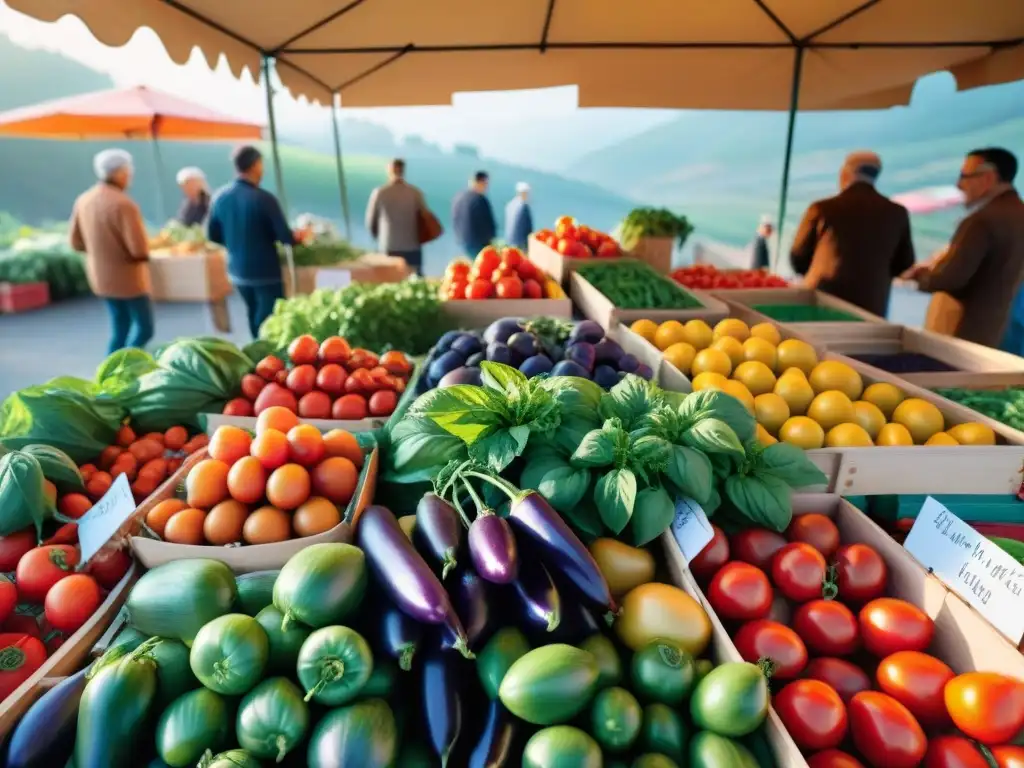 Un mercado italiano rebosante de vida con ingredientes frescos y cultivados con técnicas sostenibles