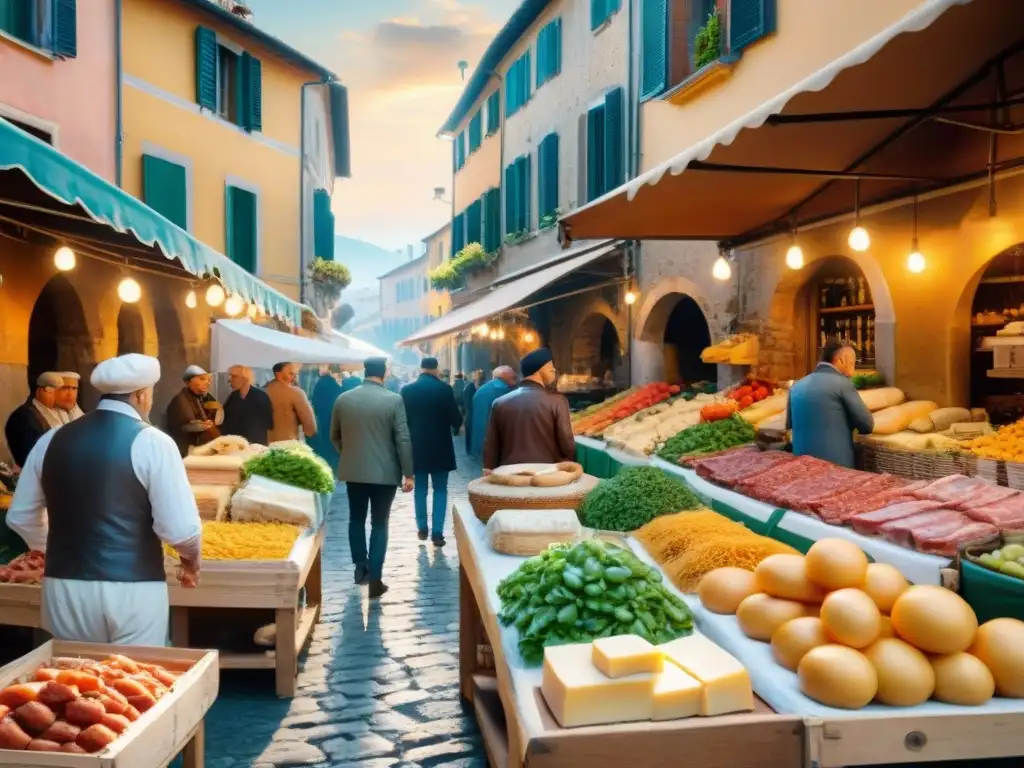 Un mercado italiano rebosante de vida, con productos frescos y coloridos