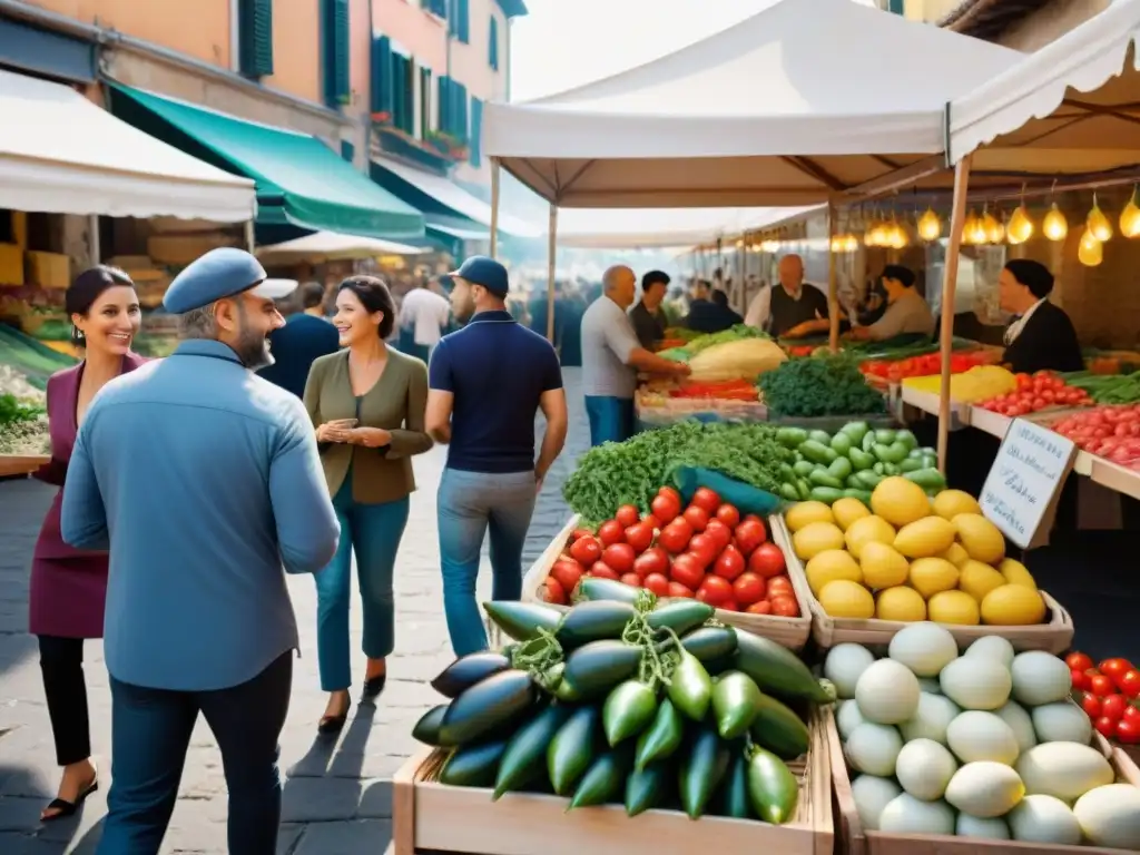 Un mercado italiano repleto de colores y aromas, donde los vendedores y clientes disfrutan de la dieta vegana estilo italiano beneficios