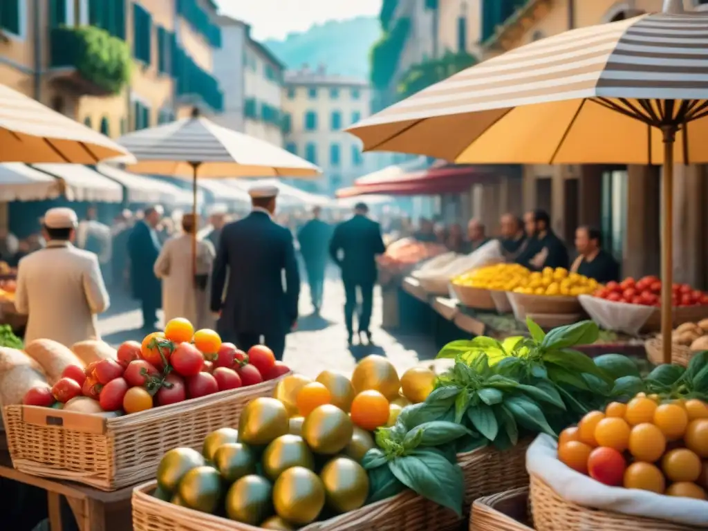 Un mercado italiano con tomates, pan, queso parmesano y albahaca