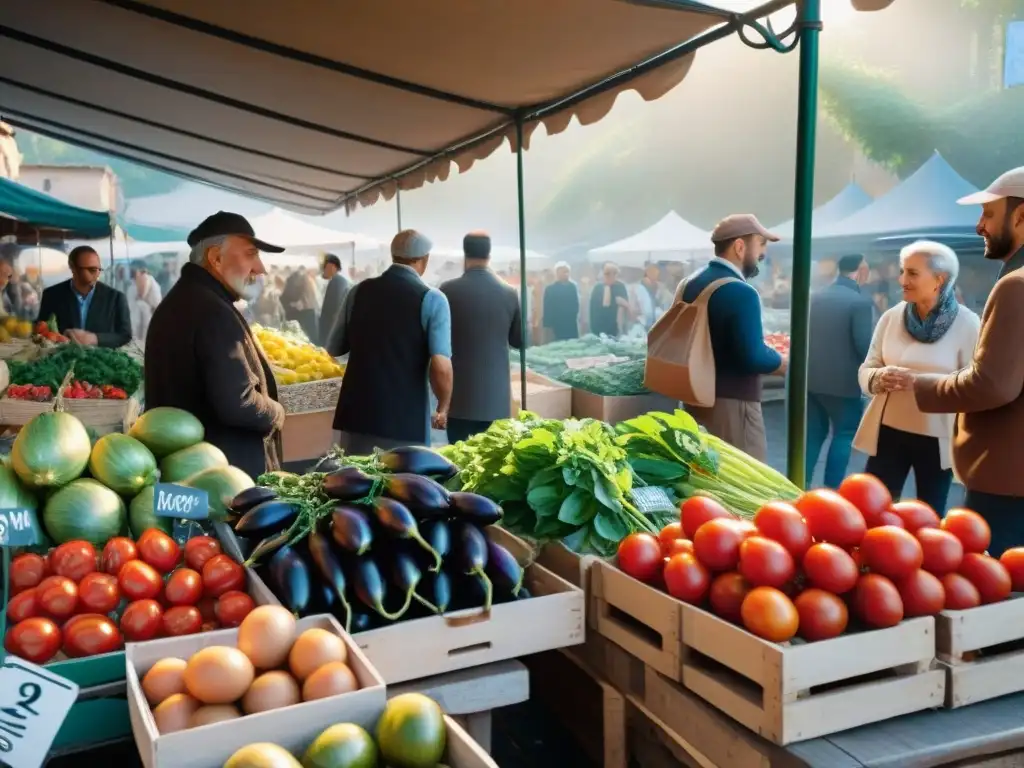 Mercado agrícola italiano en la Toscana: vegetales frescos, charlas animadas y aroma a hierbas