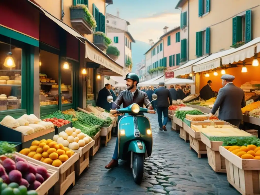 Un mercado italiano tradicional lleno de vida y color, donde la gastronomía local cobra vida