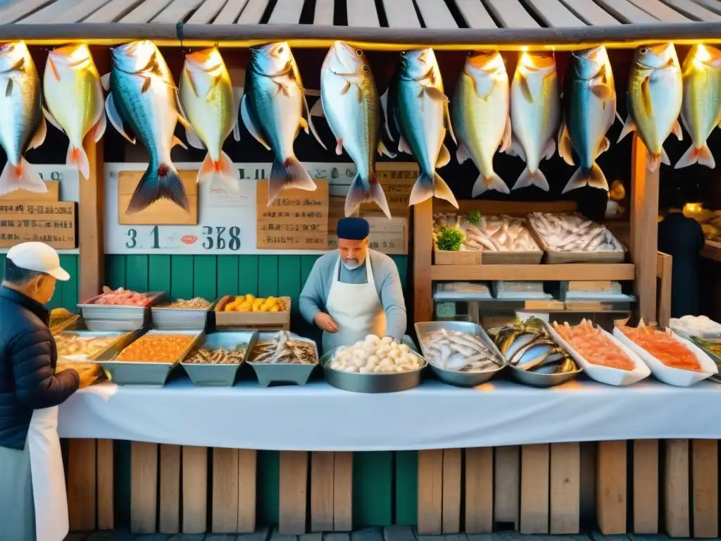 Un mercado italiano tradicional de pescados y mariscos al amanecer