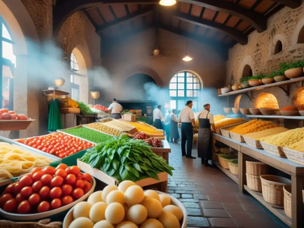 Un mercado italiano tradicional con platos icónicos de la cocina italiana, vendedores locales y una antigua edificación de piedra