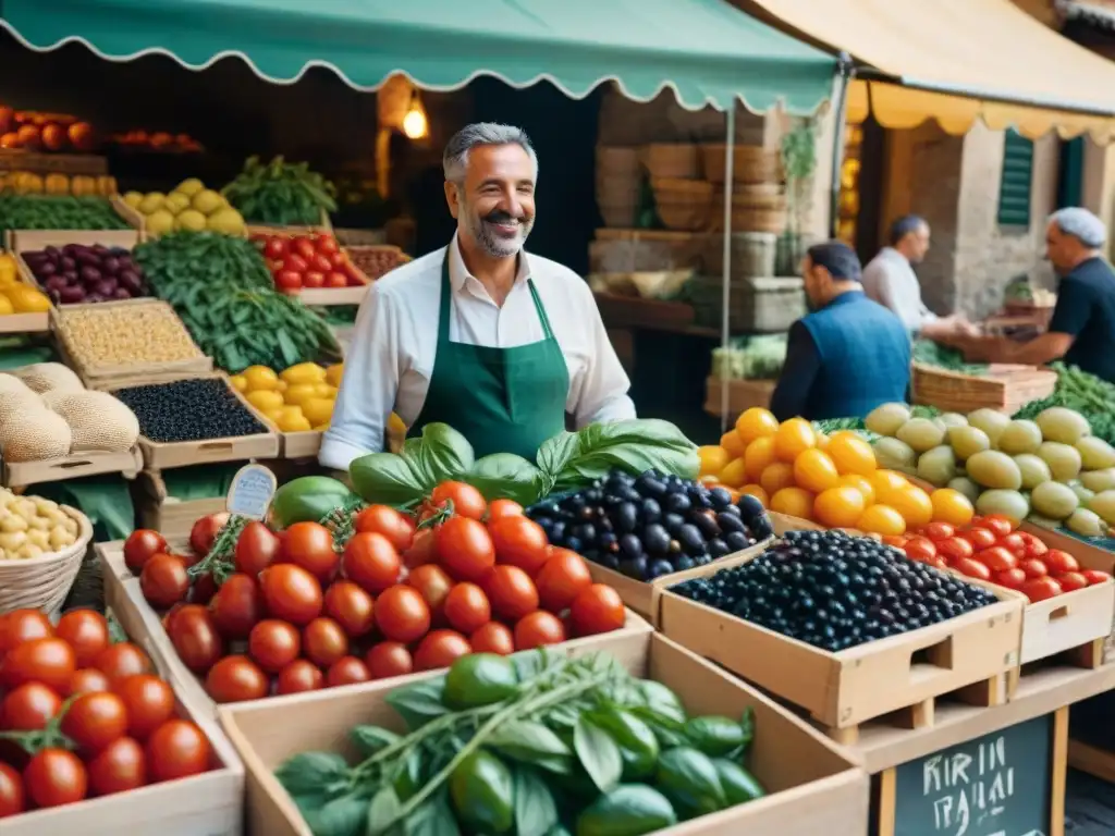 Mercado italiano tradicional: puestos coloridos rebosantes de productos frescos y vibrantes