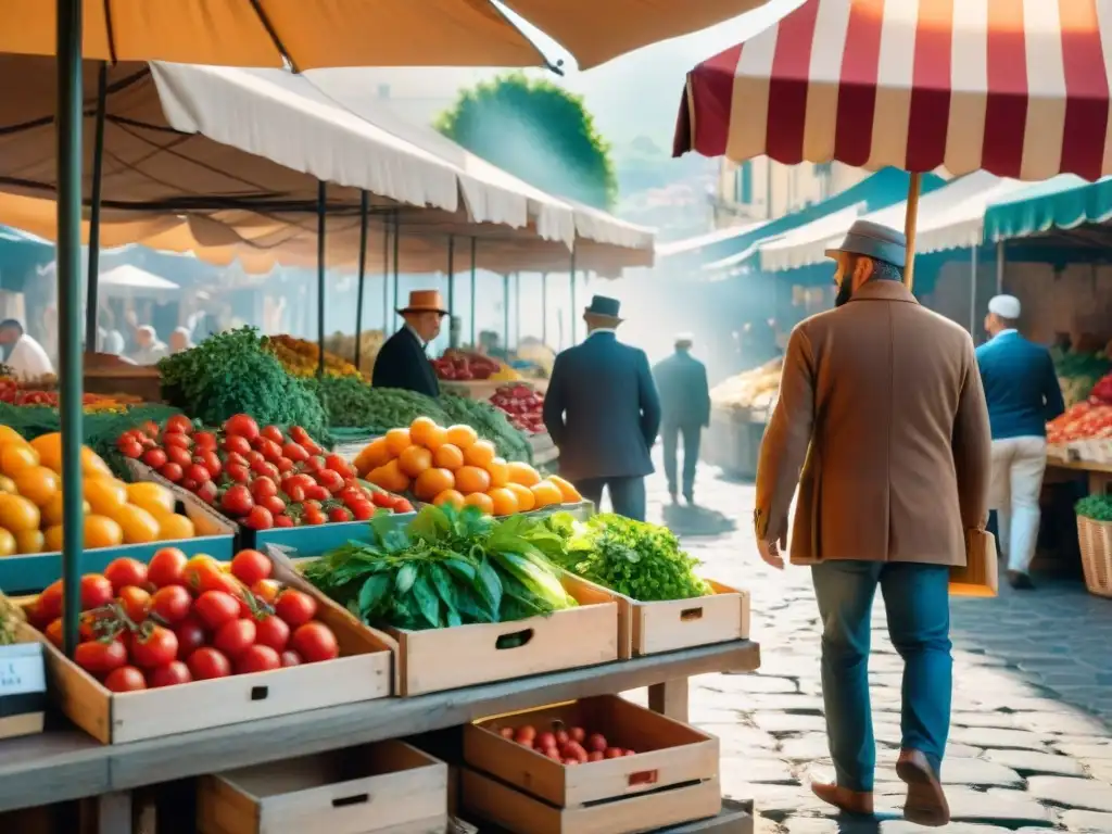 Un mercado italiano tradicional rebosante de coloridos productos frescos, reflejando la esencia de la cocina italiana dieta mediterránea saludable