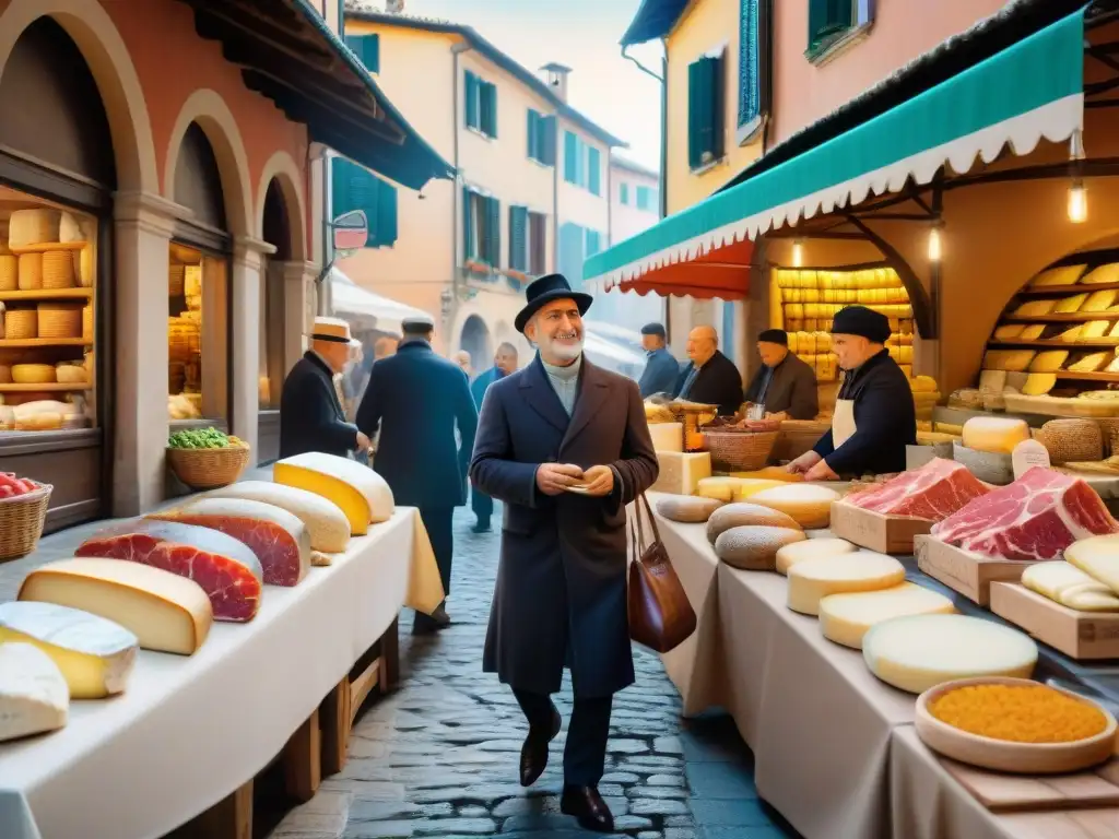 Un mercado italiano tradicional rebosante de vida, productos DOP e IGP y la esencia de la comunidad