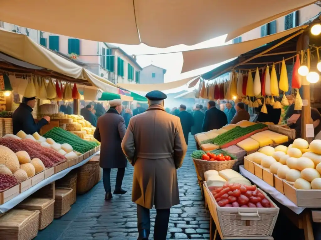 Un mercado italiano tradicional rebosante de vida durante festividades, con productos DOP e IGP