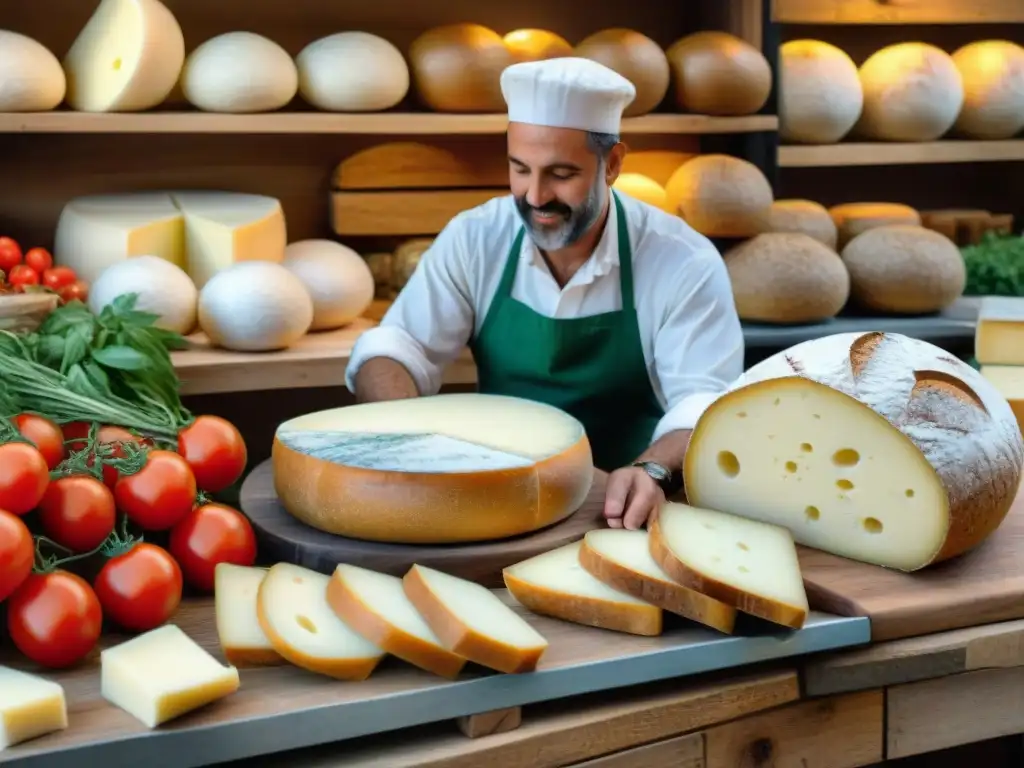 Un mercado italiano tradicional rebosante de vida, donde un maestro quesero corta expertamente un Pecorino Romano