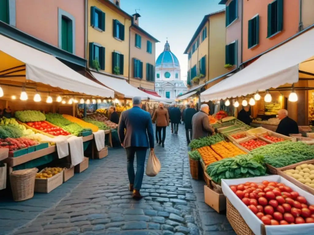 Un mercado italiano tradicional rebosante de coloridos alimentos frescos, en un ambiente auténtico y animado