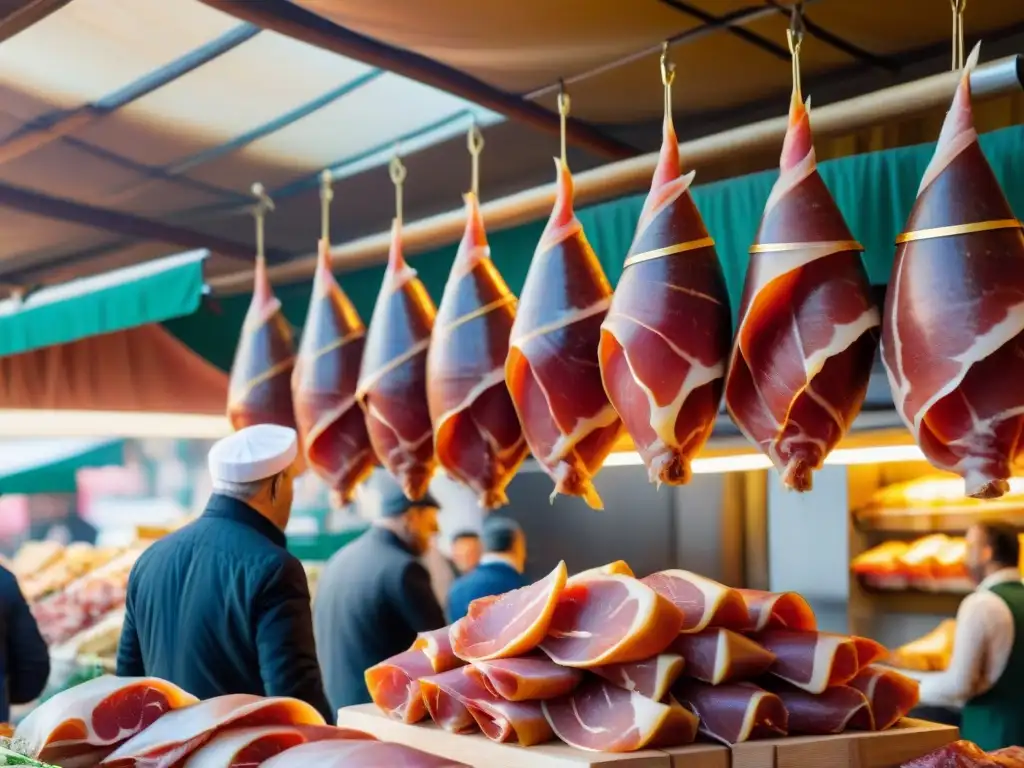 Un mercado italiano tradicional repleto de jamones Prosciutto di Parma gourmet mundial, bañados por la cálida luz del sol