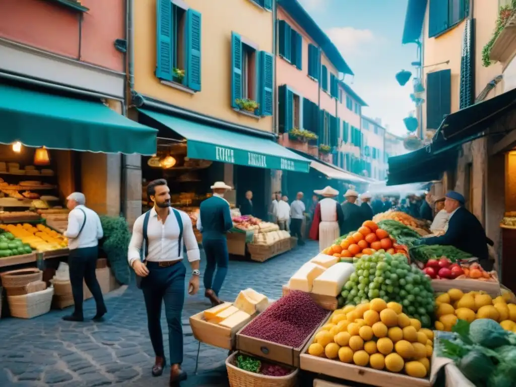 Mercado italiano tradicional con vibrantes frutas, quesos, especias y locales, creando una atmósfera auténtica