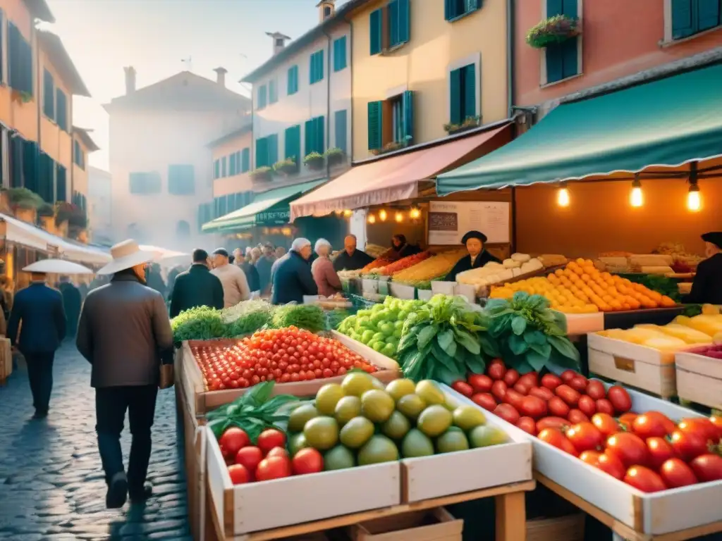 Un mercado italiano vibrante con alimentos funcionales para la dieta, colores frescos y locales auténticos