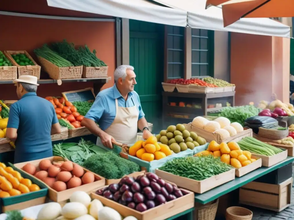 Un mercado italiano vibrante y bullicioso, lleno de productos frescos y coloridos