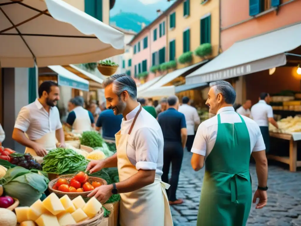 Un mercado italiano vibrante y bullicioso, fusionando tradición e innovación en la cocina italiana