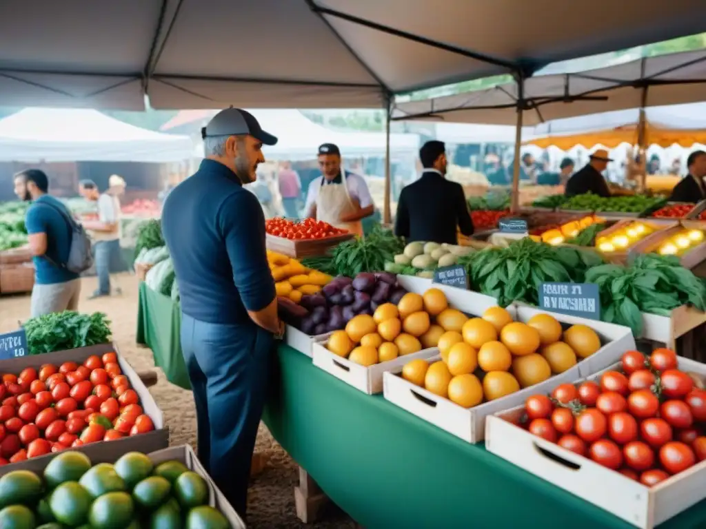 Un mercado italiano vibrante y bullicioso con ingredientes sostenibles para platos italianos