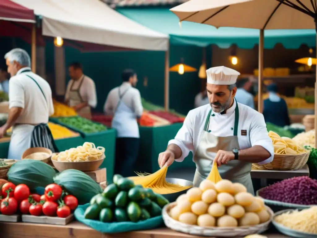 Un mercado italiano vibrante y bullicioso lleno de puestos de productos frescos y artesanos locales vendiendo pasta casera