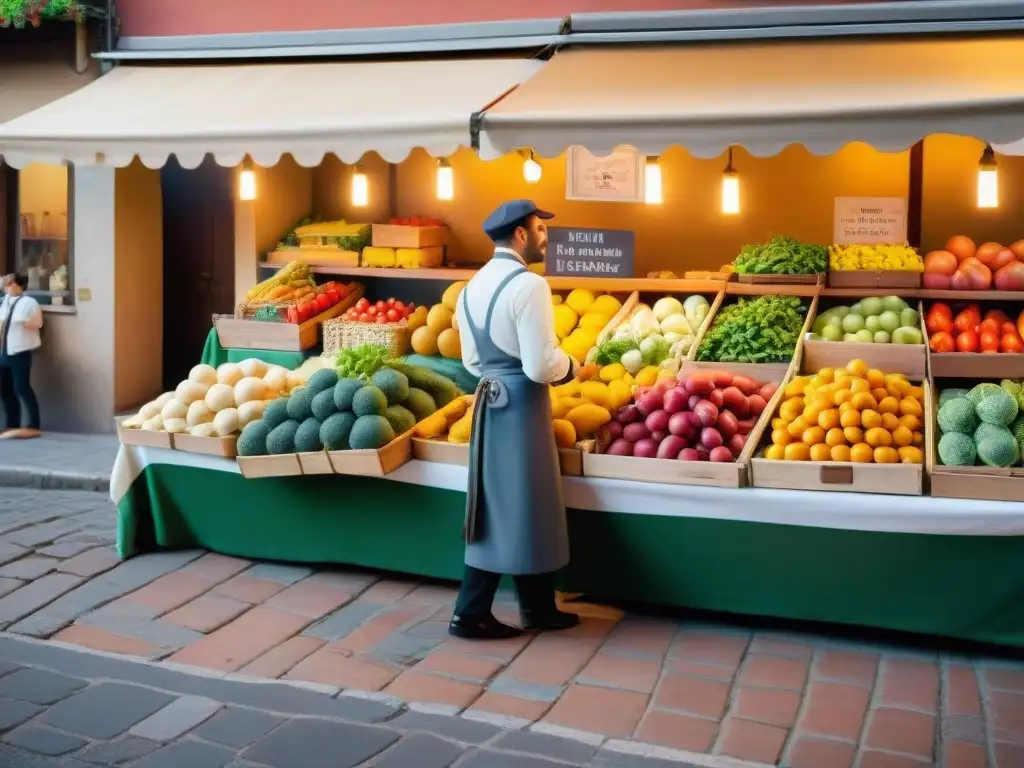 Un mercado italiano vibrante y bullicioso con productos frescos coloridos en puestos de madera