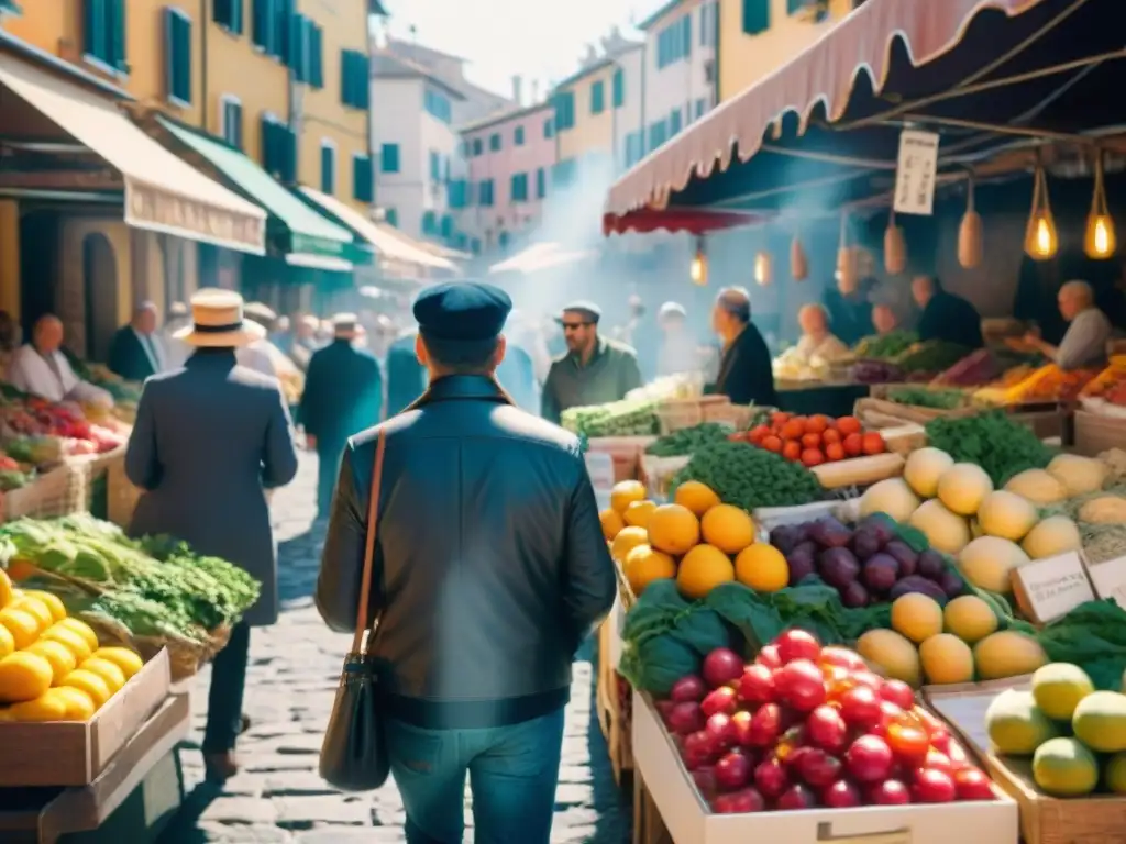 Un mercado italiano vibrante y bullicioso, lleno de coloridas frutas, verduras, hierbas y quesos locales