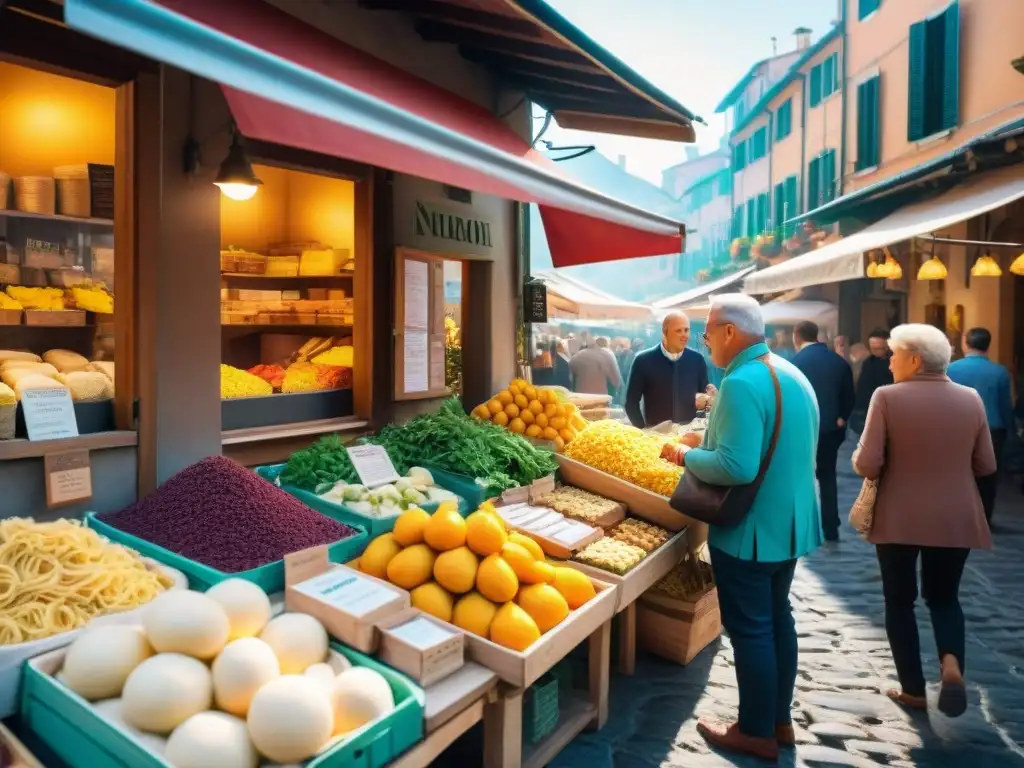 Un mercado italiano vibrante y bullicioso con puestos coloridos rebosantes de productos frescos, hierbas y especias