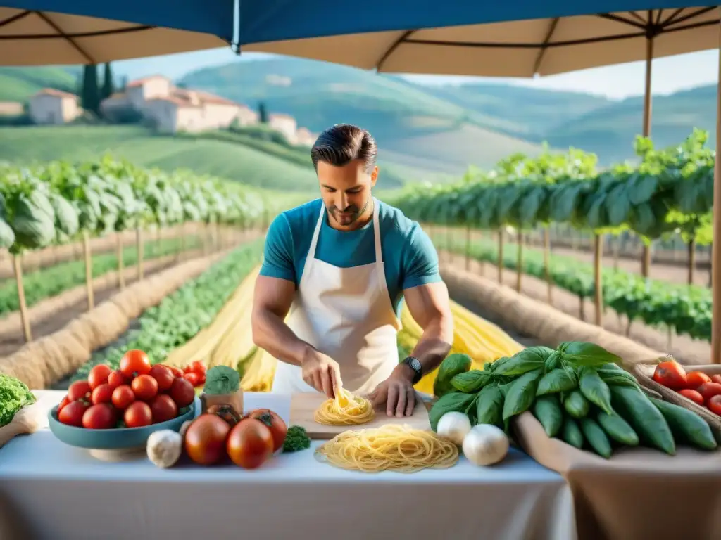 Mercado italiano vibrante con chef experto preparando pasta vegana artesanal, tendencias cocina vegana italiana
