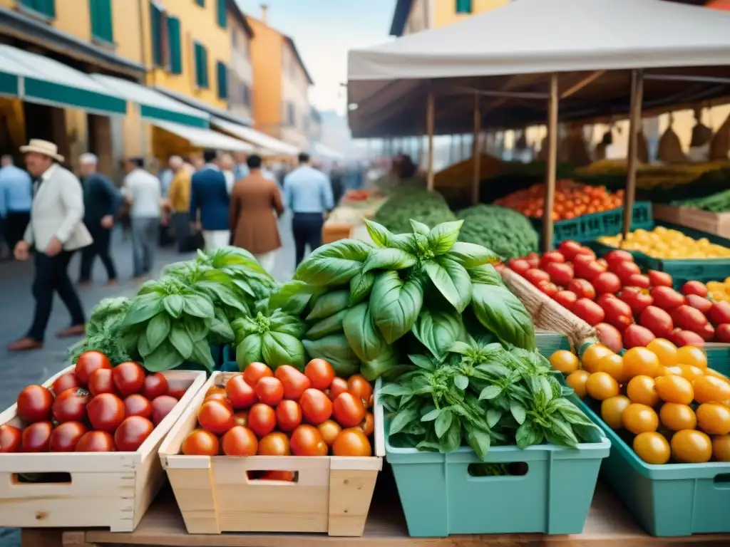 Un mercado italiano vibrante en la ciudad, con huerto italiano en la ciudad y productos frescos coloridos en puestos de madera