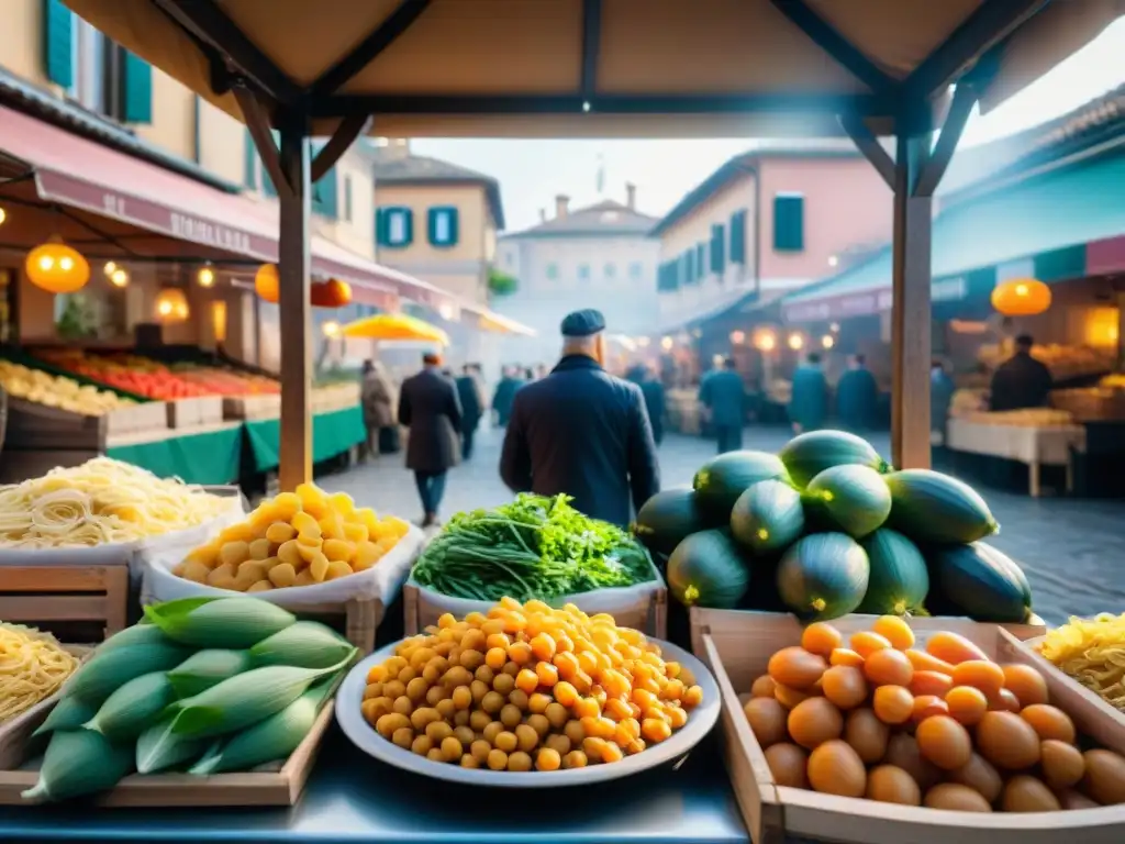 Un mercado italiano vibrante en una ciudad extranjera, con productos frescos, coloridas pastas y vendedores animados